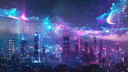 Wall Mural - cityscape with space and neon light effect. Modern hi-tech, science, futuristic technology concept. Abstract digital high tech city design for banner background