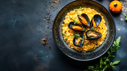 Mussels and pumpkin risotto menu concept.