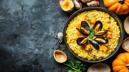 Risotto with mussels and pumpkin.