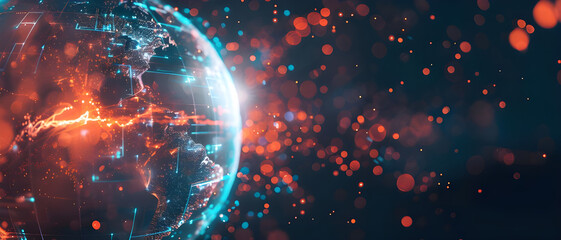 Poster - A digital globe with glowing data connections representing global communication, networking, and technology in a futuristic digital world.
