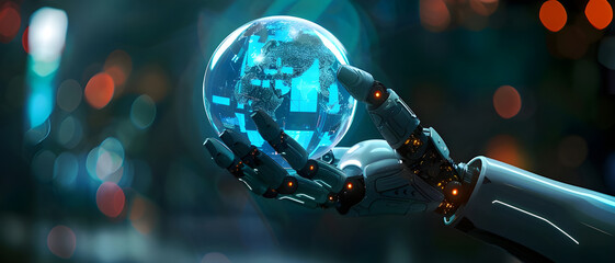 Fototapete - a robotic hand holding a glowing digital globe, symbolizing global technology, artificial intelligen