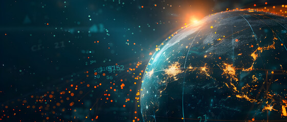 Poster - A digital representation of the Earth with glowing data points, showcasing global connectivity and real-time information flow in a futuristic network.