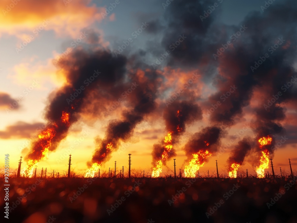 Dramatic sunset over industrial landscape with flames and smoke rising ...
