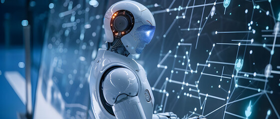 Poster - A robot engages with a digital interface, surrounded by a network of data points and connections, symbolizing advanced AI and futuristic technology.