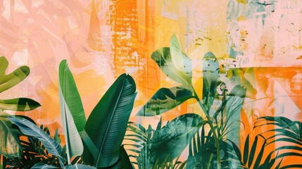 Poster - Collage of tropical plants with a retro digital background.