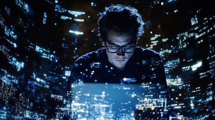 Wall Mural - A focused cryptanalyst analyzing complex algorithms on a laptop, surrounded by digital data visualizations