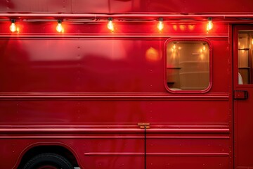 Wall Mural - Close-up of a red food truck with a glowing light bulb and rustic textures.