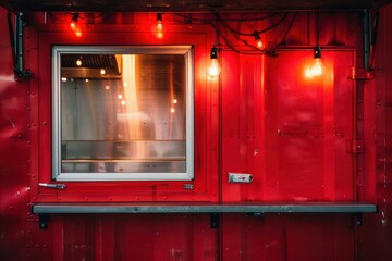 Wall Mural - Close-up of a red food truck with a glowing light bulb and rustic textures.