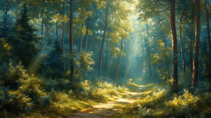 Wall Mural - Forest scene wallpaper with tall trees, dappled sunlight, and a tranquil path.