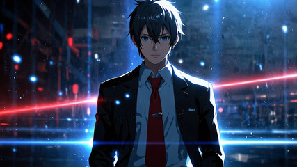 A tall, charismatic young man with piercing blue anime eyes wearing a black suit with a red tie