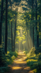 Wall Mural - Forest scene wallpaper with tall trees, dappled sunlight, and a tranquil path.