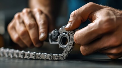 Wall Mural - A close-up of hands demonstrating how to put on a bicycle chain.