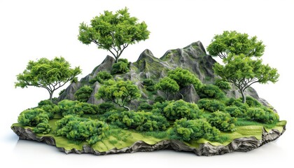 A small, green island with rock formations and trees against a white background.