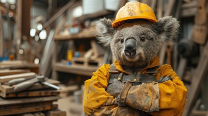 Animal dressed as a worker, wearing safety hardhat and uniform, construction industrial background