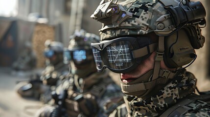 Close-up of a soldier wearing camouflage clothing, goggles and a helmet.