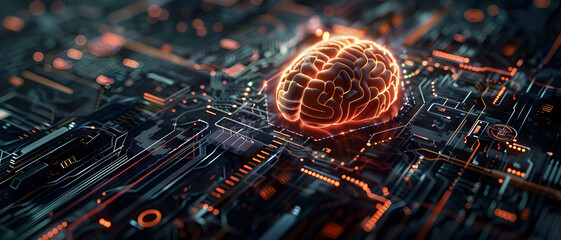 Poster - A glowing digital brain rests on a complex circuit board, symbolizing the fusion of artificial intelligence and advanced technology in a futuristic design.