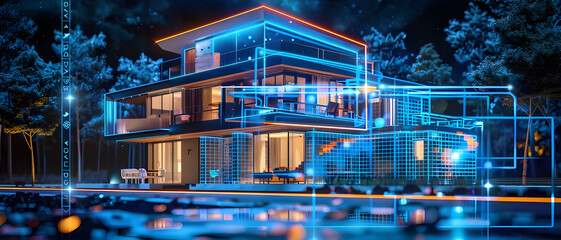Poster - A modern, futuristic smart home illuminated by neon lights, showcasing advanced digital architecture and innovative home automation technology.