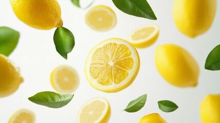 Flying fresh raw whole and sliced lemons with leaves on white background