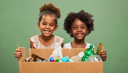 two young girls are smiling and holding a box containing a plant and a bottle, symbolizing recycling