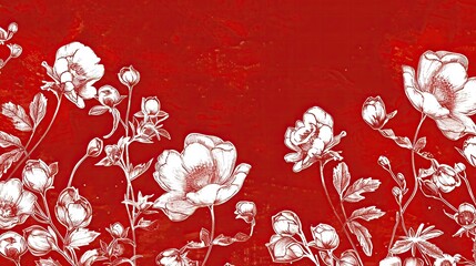Poster - White hand-drawn flowers on a vibrant red background, presenting a beautiful and artistic pattern.