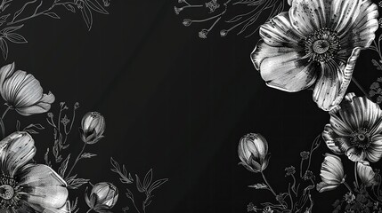 Poster - Artistic black background with delicate white hand-drawn flowers, creating a unique and stylish design.