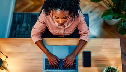 Wall Mural - A woman is sitting at a desk with a laptop and a cell phone. Concept of productivity and focus as the woman works on her tasks