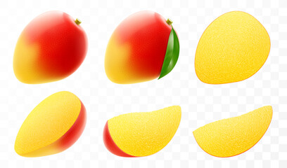 Wall Mural - Set of fresh mango fruit. Whole and slice mango fruit with leaf. Exotic mango fruit isolated on transparent background. Summer tropical vitamin food. Realistic 3d vector illustration