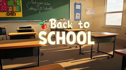 Poster - Back to School Classroom With Desks Chalkboard and Apple on Table Generative AI