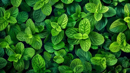 Poster - Fresh and vibrant mint leaves spread across the surface. Capturing the texture and rich green color, this image showcases the beauty of natural herbs. Perfect for culinary and wellness content. AI