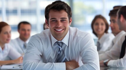 A confident young adult leading a team meeting in a corporate setting