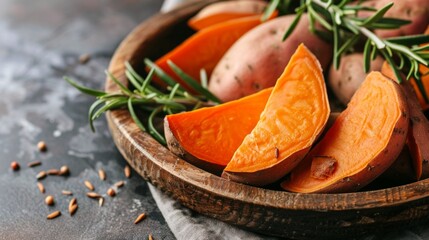 Canvas Print - Freshly cut sweet potatoes sit in a rustic bowl. Their vibrant color contrasts beautifully with the earthy tones around. Ideal for healthy recipes and cooking inspiration. AI