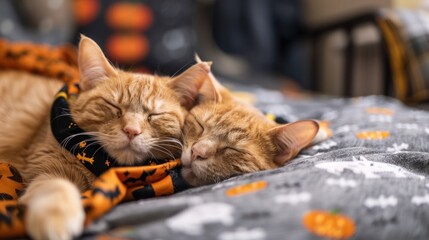 Wall Mural - A cat wearing a cute Halloween bandana, lounging on a spooky-themed blanket.