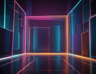 Wall Mural - dark room with neon lights and door