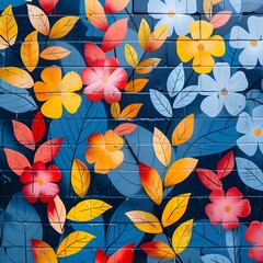 Wall Mural - Colorful floral and leaf pattern painted on a brick wall.