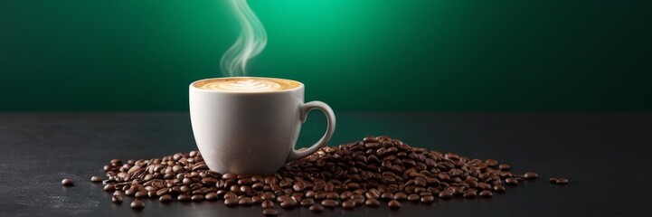 Poster - coffee cup with steam rising from it on dark background