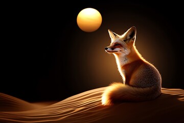 Wall Mural - A red fox sits on a sand dune, gazing at a glowing full moon in the night sky.