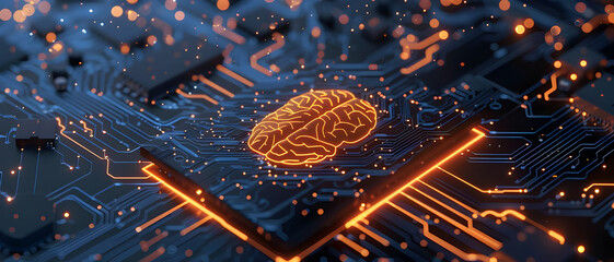 Poster - A close-up of a circuit board with a glowing brain symbol, symbolizing the integration of artificial intelligence and advanced computing technology.