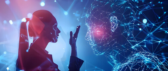 Poster - A human interacts with a glowing digital AI avatar, symbolizing the merging of human intelligence and artificial intelligence in a futuristic, technological environment.