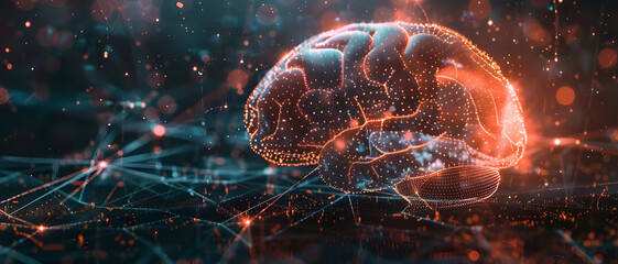 Poster - Abstract digital representation of a brain surrounded by neural networks and data points, symbolizing artificial intelligence and neural computing.