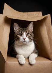 Poster - cat sitting inside brown paper bag