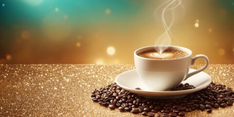 Poster - coffee cup with steam on golden background photo
