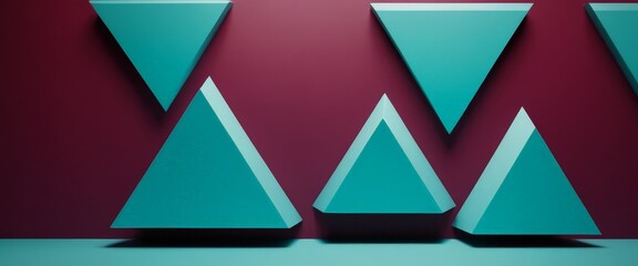 Poster - blue and green triangle shaped object on red background