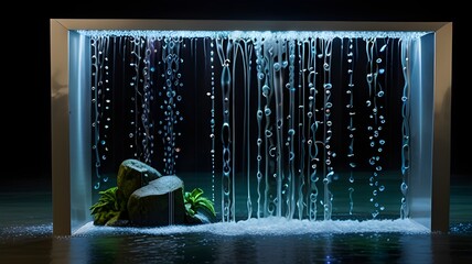 Bubbles in a tranquil garden 																									Bubbles in a tranquil forest waterfall																									