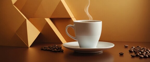 Leinwandbilder - coffee cup and beans on brown background