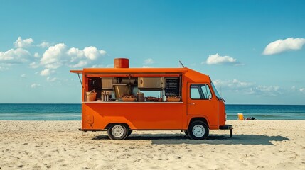 close-up photo of food truck with beach and clear sky in the background.