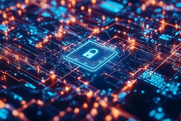 Poster - Digital Security: Glowing Lock on Circuit Board