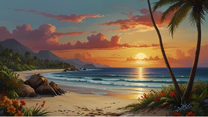 Wall Mural - beautiful painting of tropical beach at sunset, with tropical flowers blossom, 