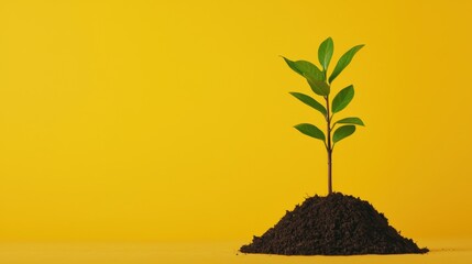 A young green plant sprouting from dark soil against a vibrant yellow background, symbolizing growth and new beginnings.