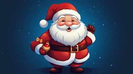 Wall Mural - A cheerful Santa Claus with a white beard and red suit, holding a gift against a blue background with snow.