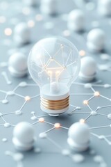 Poster - Innovative light bulb glowing among interconnected white spheres, representing creativity, technology, and networking in a modern context.